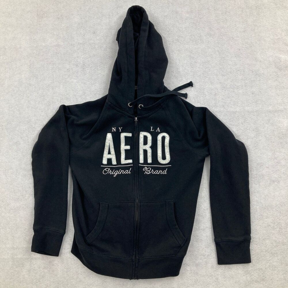 AEROPOSTALE L Black Full Zip Hoodie NY LA AERO Graphic Logo Sweatshirt